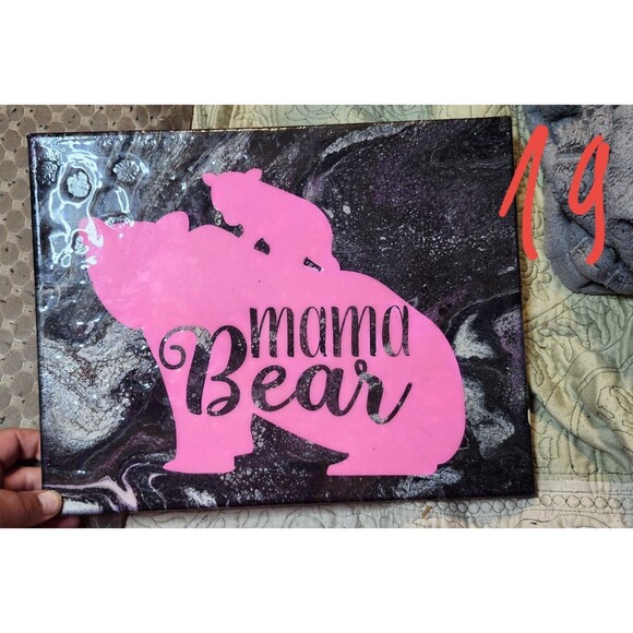 Mama Bear Pink Silhouette Mixed Media 14x11 Acrylic Pour Epoxy Wall Art - Picture 1 of 4